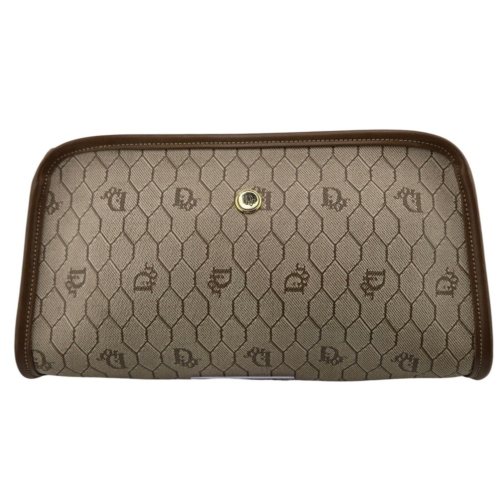 Christian Dior Vintage Honeycomb Monogram Clutch Bag Brown Beige Cosmetic Pouch